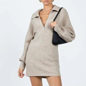 Princess Polly Tiara Long Sleeve Knit Mini Dress Beige Sweater Collar V Neck